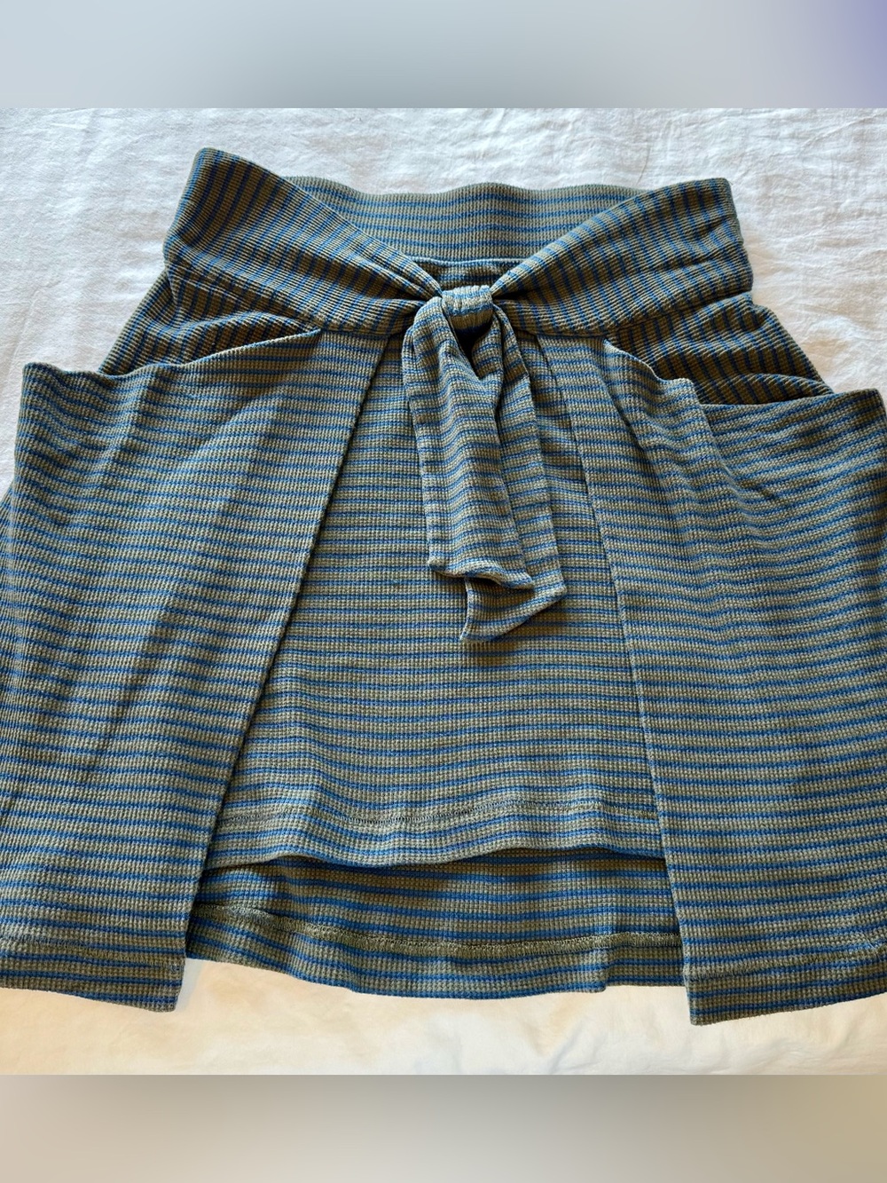 Free People Striped Tie-Waist Midi Skirt in Olive Green Gray and Blue